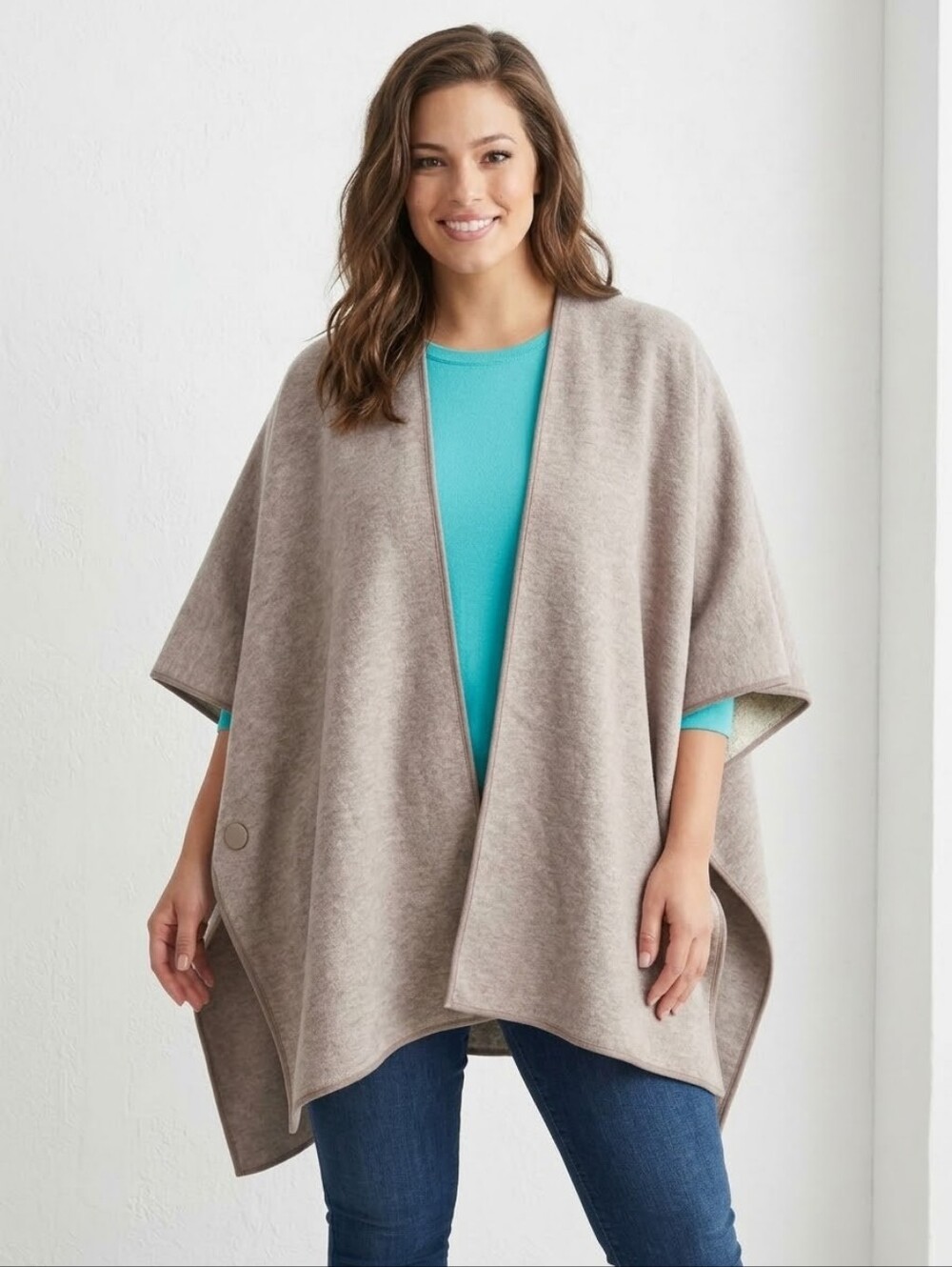 Chico's Reversible Knit Poncho Tan Cream Gold Size S/M but OSFM - Picture 3 of 13